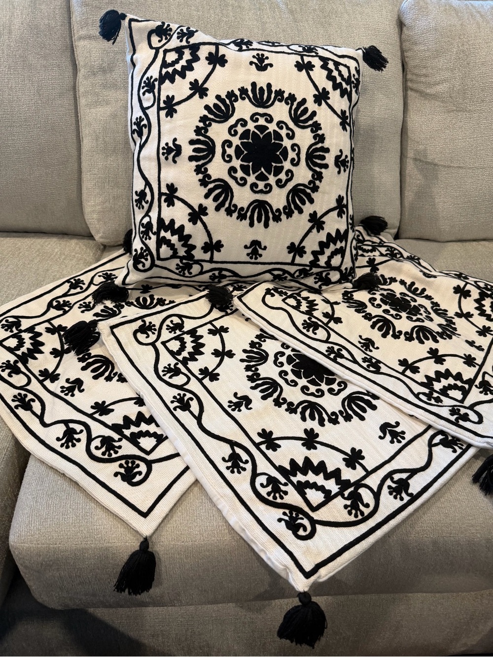 Embroidered Boho Black & Cream Throw Pillows-set of 4. Tassels. Covers only.